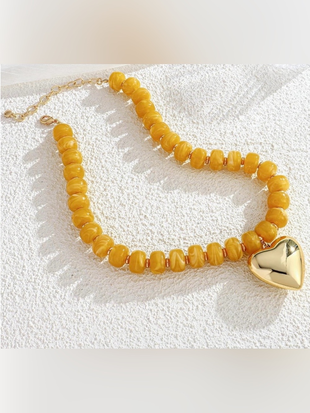 Yellow Beaded Necklace with Gold Polished Heart Charm